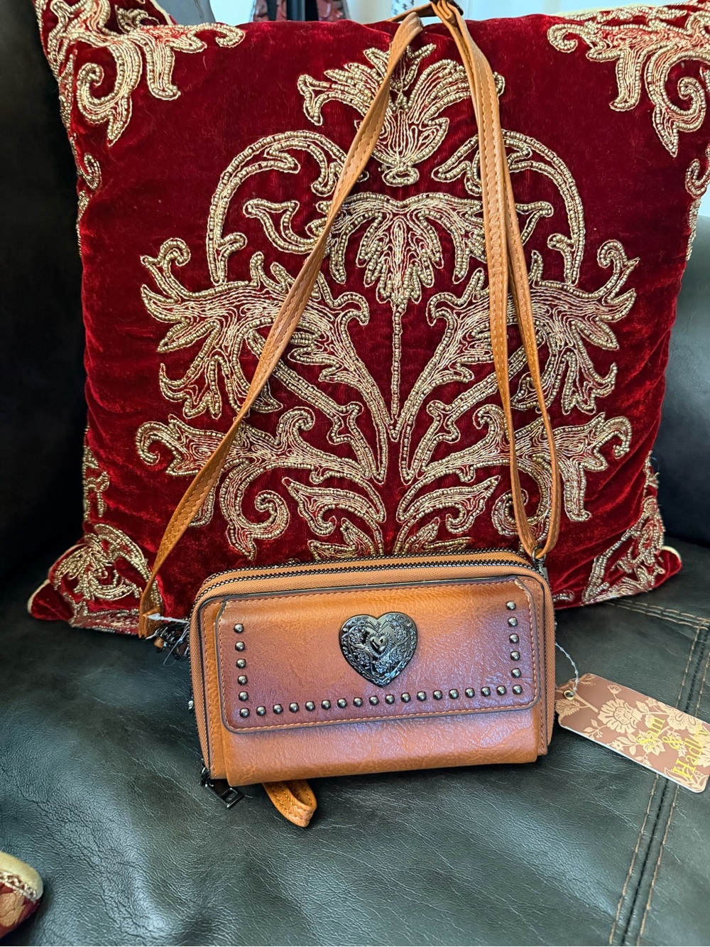 Heart Accent Tan Crossbody Bag with Stud Detail